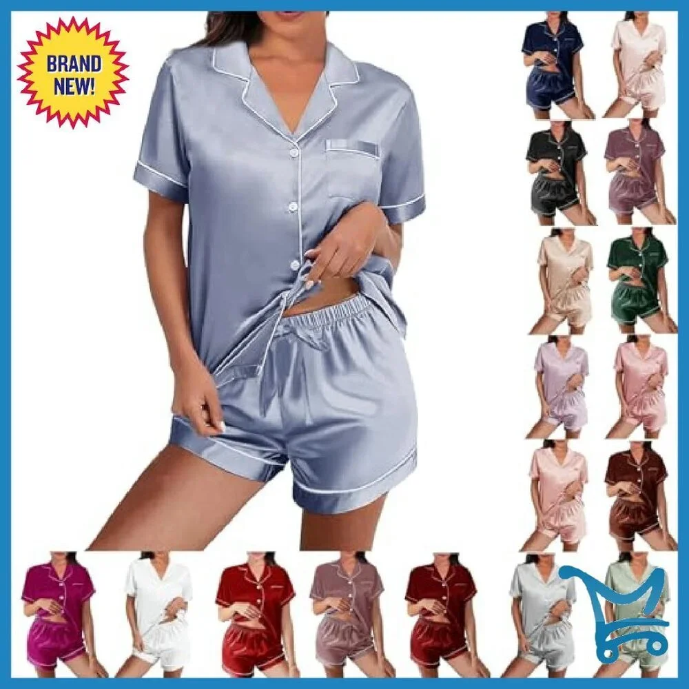 Silk Satin Pajama Set Loungewear Sleepwear Button-Down Floral PJs